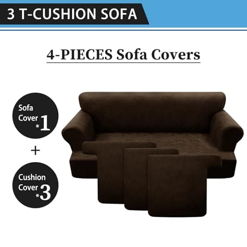 Pfrstuv 4-Piece T Couch Cover - Leather Look Slipcovers for 3 Cushion Sofa, Washable, Coffee