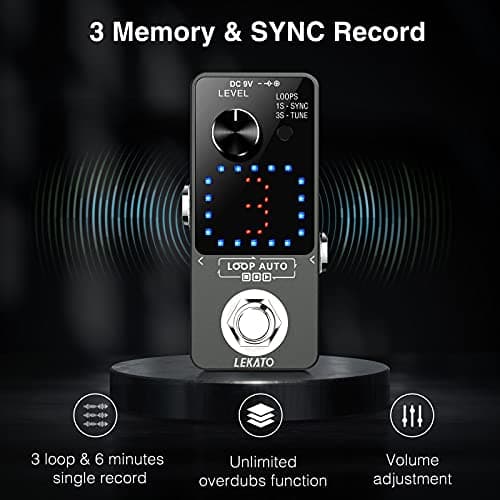 LEKATO Looper Pedal,Guitar Looper Pedal with 9V 0.6A Looper Pedal Power Supply Adapter, Effect Loop Pedal with SYNC & Tuner Function Loop Pedal for Electric Guitar 3 Loops 18 Minutes Record Time