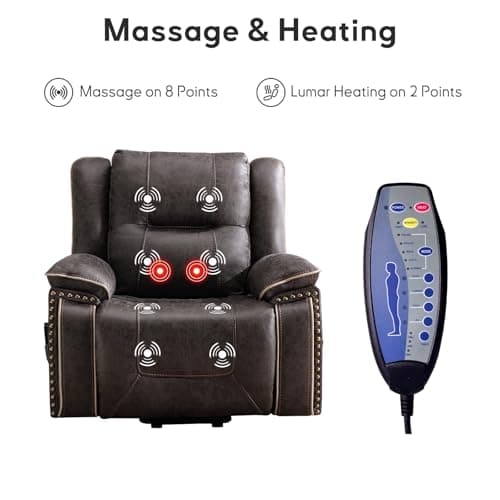 Bonzy Home Power Lift Recliner Chair for Elderly with Massage and Heating, Dual Motor Faux Leather Lift Chair with Spacious Seat, 2 Cup Holders, Adjustable Headrest (Grey Brown)