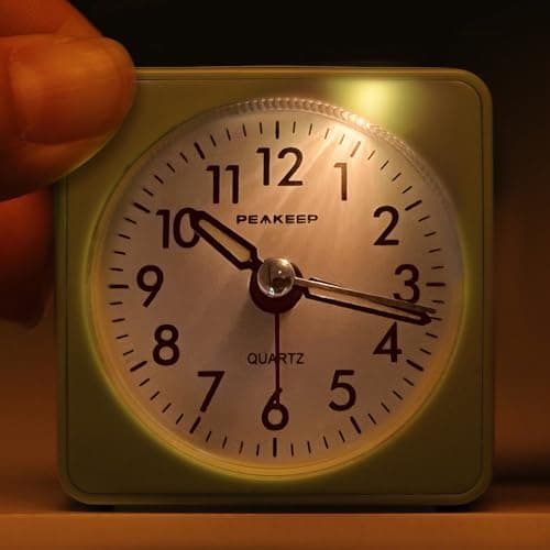 Peakeep Ultra Small, Battery Travel Alarm Clock with Snooze and Light, Silent with No Ticking Analog Quartz (Aquamarine)
