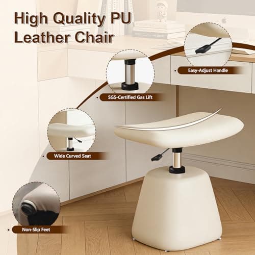 Modern Small Vanity Chair with Armless for Small Space, Entryway, Cute Swivel Makeup Chair with Adjustable Height, PU Leather Upholstered Home Office Desk Chair for Living Room, Bedroom, Vanity