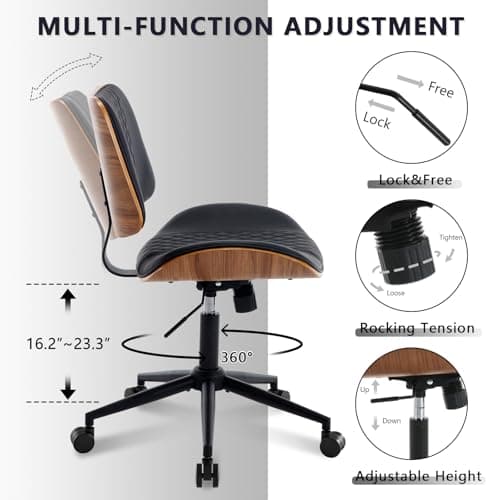 Home Office Chair No Arms with Wheels, Adjustable Height Small Desk Chair, PU Leather Mid Back 360 Swivel Computer Chair, Armless Modern Walnut Chair for Office, Reading Meeting Room(Black)