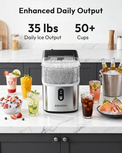 EUHOMY Nugget Ice Maker Countertop, Ready in 7 Mins, 35Lbs/24H Pebble Ice Maker Machine, Self-Cleaning Countertop Sonic Ice Makers with Ice Scoop&Basket, Pellet Ice Maker for Home, Stainless Steel