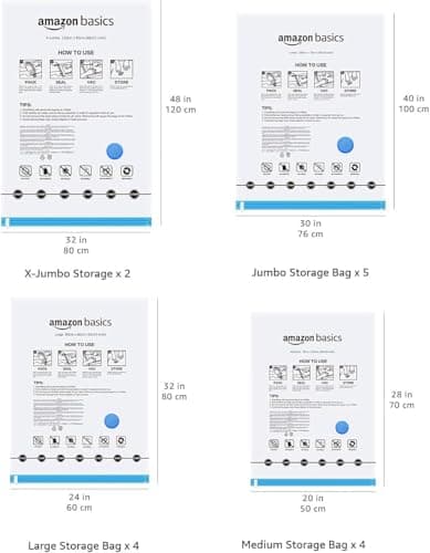 Amazon Basics Vacuum Compression Space Saving Storage Bags with Hand Pump for Travel, Multiple Sizes for Clothes and Blankets, Clear, 20 Pack (5 Small, 5 Medium, 5 Large & 5 Jumbo)