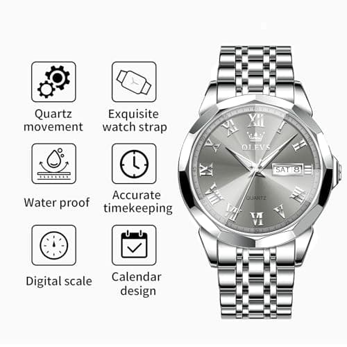OLEVS Mens Silver Watches Luxury Waterproof Silver Watch for Men Analog Quartz Stainless Steel Men's Dress Watches Classic Casual Wrist Watch Large Face with Date Relojes para Hombres