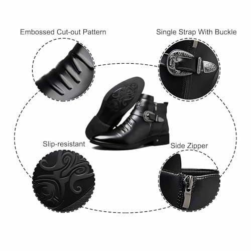 DONRRNDK Men's Leather Embossed Pattern Ankle Boots with Buckle Strap Retro Round Toe Side Zipper Non Slip Block Low Heel Dress Booties for Formal Casual Wear Short Boots
