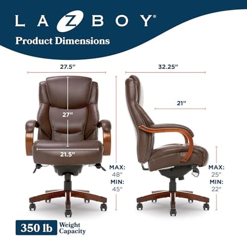 La-Z-Boy Delano Big and Tall Executive Office Chair - Ergonomic Lumbar Support Memory Foam - Bonded Leather Desk Chair for Home Office - Mahogany Wood Arms - Chestnut Brown