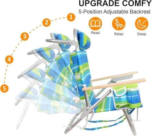 Backpack Beach Chairs for Adults Capacity 300 LBS high 5 Position Beach Chair with Pouch Straps Folding Lightweight Reclining Aluminum Wide Lay Flat Single