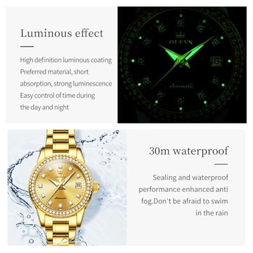 OLEVS Womens Diamond Watches Automatic Mechanical Gold Luxury Dress Ladies Self Winding Original Stainless Steel Wrist Watch