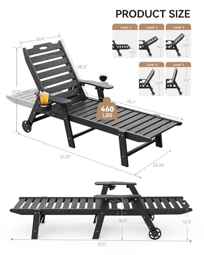 Carauci Lounge Chair Outdoor Set of 2, HDPE Chaise Lounge with Wheels, 5-Position Adjustable Backrest & 2 Cup Holders Patio Lounge Chair, All-Weather Pool Sun Lounger for Poolside, Backyard, Black