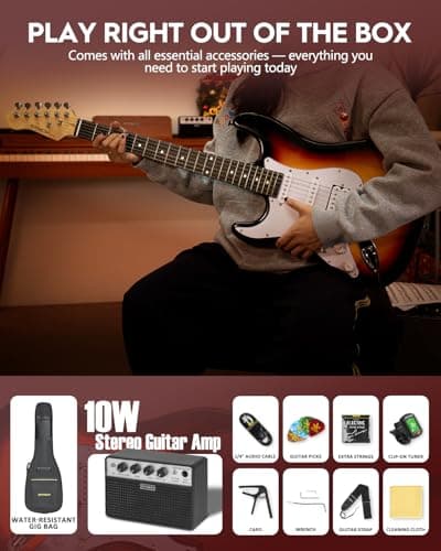 STRICH Electric Guitar Left Hand Beginner Kit, Solid Body 39" Electric Guitar HSS Pick Up for Starter, with 5W x 2 Amp, Bag, Capo, Strap, String,Cable, Picks, SST-S20L Sunburst