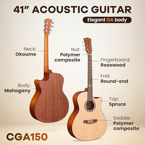 CAHAYA Acoustic Guitar Beginner Set - 41" Full Size Spruce Top Mahogany Body with Okoume Neck Rosewood Fingerboard, GA Cutaway Design, Balanced Rich Tone with Gig Bag, Strap, Capo, Strings & Picks