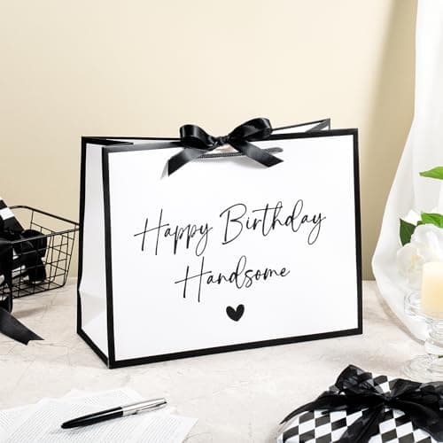 Loveinside 13" Large Birthday Gift Bag, White & Black Happy Birthday Handsome Elegant Script Design Party Bag with Bow Ribbon for Men, Husband, Boyfriend, Party Gift, 13" x 5" x 10", 1 Pcs B0GGZD2DT9