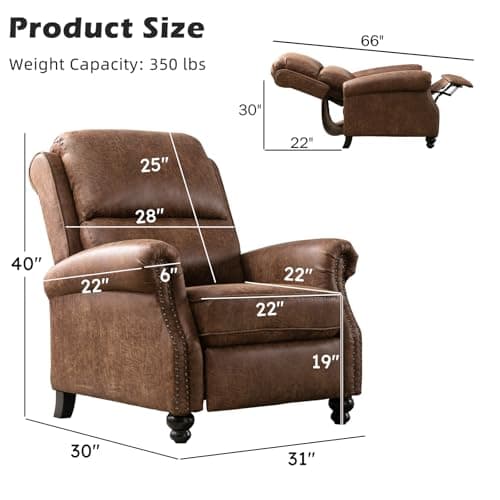 IOMOR Push Back Recliner Chair Faux Leather Lounge Armchair with Rivet Decoration Wingback Single Sofa Chair with Padded Seat Solid Wood Legs for Living Room, Chocolate