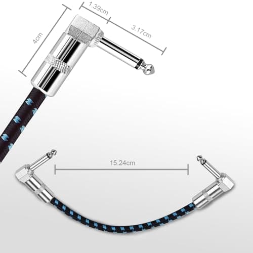 GOGHOST 3-Pack 6 Inch Guitar Patch Cable with 1/4" Right Angle Plugs, Black and Blue Tweed Woven Jacket (Guitar Effect Pedal Board Patch Cables)