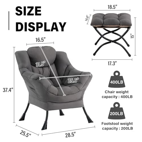 Lazy Chair with Ottoman, Modern Accent Chair Contemporary Sofa Chair with Armrests, Reading Chair and Folding Footstool Set for Living Room, Bedroom, Office, Dark Grey