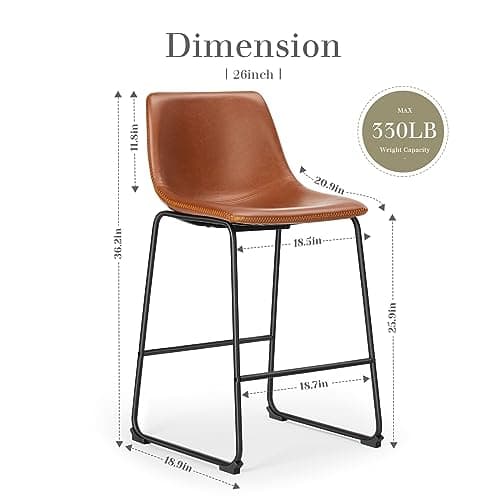 DUMOS 26 Inch Counter Height Bar Stools Set of 4, Modern Faux Leather High Barstools with Back and Metal Leg, Upholstered Bar Chairs for Kitchen Island, Brown