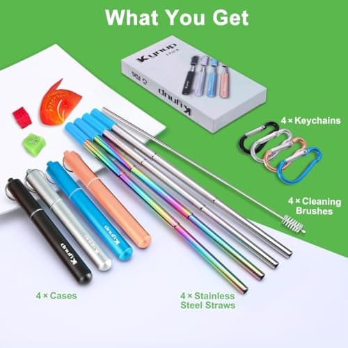 Travel Drinking Straws, Cruise Must Haves, Portable Foldable Stainless Steel Straws with Cases, Silicone Tips for Gifts Kynup Reusable Collapsible Metal Straws, Cruise Ship Essentials (4Pack) B07ZBZ6CCC