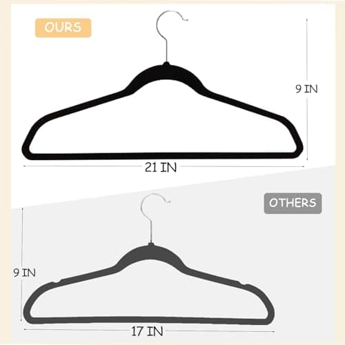 Urby Extra Wide Hangers for Plus Size Clothes, Ganchos para Colgar Ropa,21 Inch Super Plus Size Hangers Ideal for XL, XXL Shirts, Coats, Dresses, Etc. Velvet. Black. 24pk.