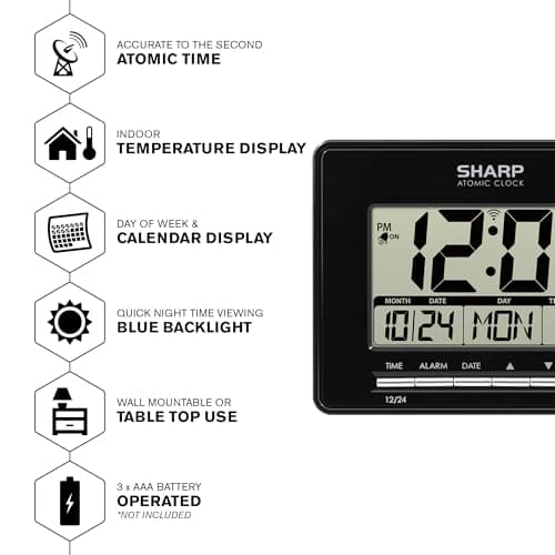 Sharp Atomic Desktop Clock – Auto Set Digital Alarm Clock - Atomic Accuracy - Easy to Read Screen with Time/Date/Temperature Display- Perfect for Nightstand or Desk