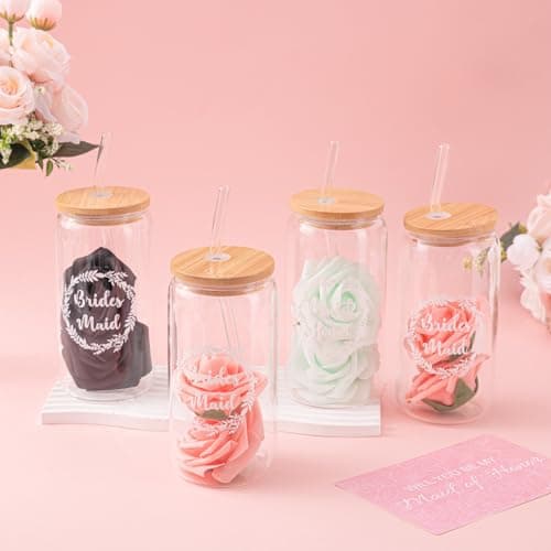 4 Sets Black Bridesmaid Proposal Gifts, Maid of Honor Gift Includes Wedding Gift Box Jewelry Box Makeup Bag Bracelet Foam Flower Invited Card Glasses Cup Hair Tie for Bridal Shower Bachelorette Party