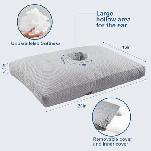 Ear Piercing Pillow for Side Sleepers with a Big Hole, Adjustable Height Ear Pillows for Ear Pain CNH, Pain Relief Sleeping, Skin-Friendly & Washable Pillowcase (20 x 13 x 4.5 inches - Gray)