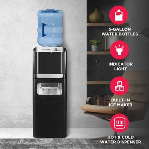Frigidaire 3-in-1 Hot or Cold Top-Load Water Cooler Dispenser, 5 Gal Bottle, Built-in Bullet Ice Maker, Compact, Black
