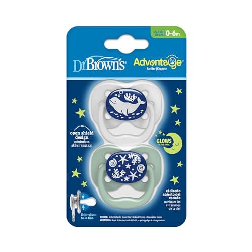 Dr. Brown's Advantage Glow-in-The-Dark Baby Pacifier, Fully Symmetrical Soother with Soft Silicone Bulb, Blue Ocean, 0-6m, BPA Free, 2 Pack