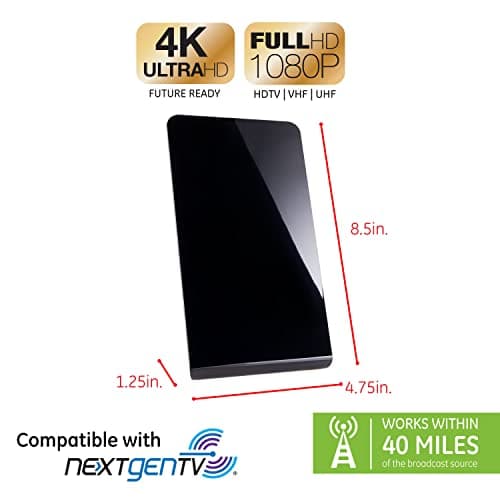 GE Flat Panel Indoor HD Digital TV Antenna, Long Range Smart TV Antenna, Supports 4K 1080P HD Smart TV VHF UHF, Extendable Dipole Rabbit Ears, Adjustable Stand, 5ft Coax HDTV Cable, 33681