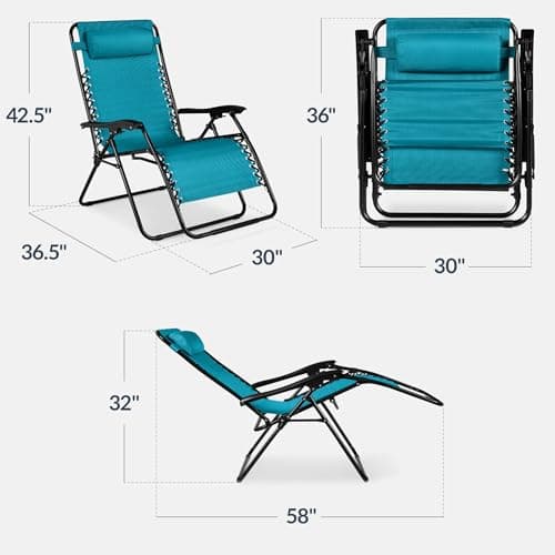 Best Choice Products Set of 2 Extra Wide Adjustable Steel Mesh Zero Gravity Lounge Chair Recliners w/Pillows and Cup Holder Trays - Peacock Blue