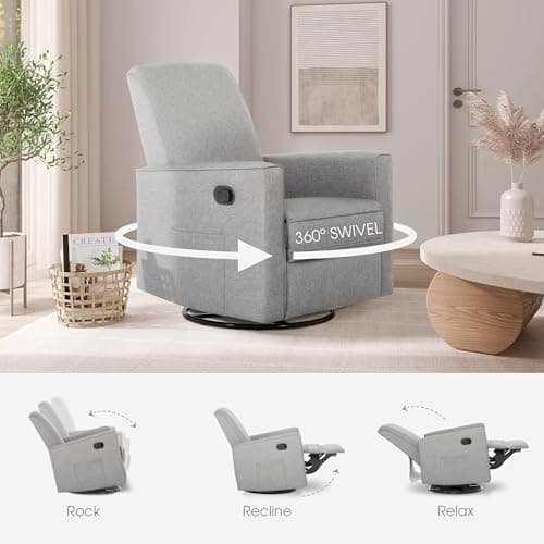 Evolur Raleigh Upholstered Manual Glider Recliner– Rocking & 360° Swivel with Smooth Glide – Greenguard Gold & FSC Certified – Modern Nursery and Living Room Chair in Light Grey