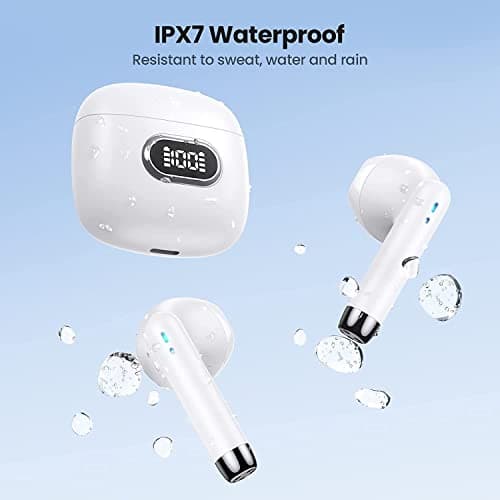 Wireless Earbuds for iPhone 12 Pro Max Bluetooth 5.3 Headphones with LED Display Charging Case, Waterproof IPX7 Hands-Free Headset with Mic, Hi-Fi Stereo Sound, Touch Control - White