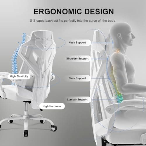 GTPLAYER Gaming Chair, Computer Chair with Mesh Back, Ergonomic Game Chair with Footrest, Reclining Game Chair with Adjustable Headrest and Lumbar Support for Gaming and Office (White)