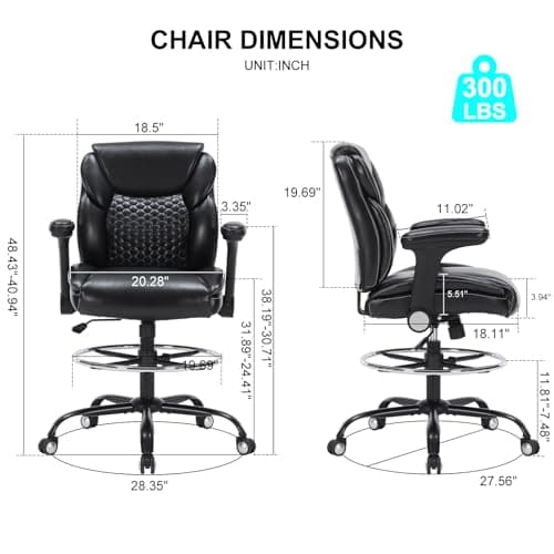 Drafting Chair, Tall Office Chair with Adjustable Armrests Mid-Back Standing Desk Chair with Footrest Ring, PU Leather High Executive Desk Chair Counter Height Office Chair for Home and Office, Black