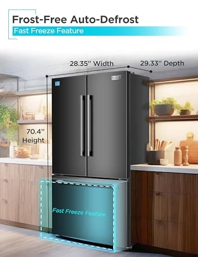 BLACK+DECKER 16 Cu. Ft. French Door Refrigerator with Built-in Ice Maker, Full Size Refrigerator with Bottom Mount Freezer Drawer, Frost Free, ENERGY STAR certified, BRF1600GIMB, Black