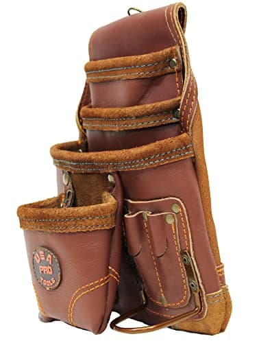 USA Pro Tools Leather Tool Pouch for Carpenter | Best for Electricians, Plumbers, Handyman and Framers | 10 Pockets with 2 Stainless Steel Hammer Holders