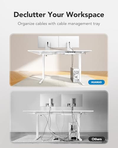 HUANUO L-Shaped Standing Desk, 63 x 40 inch Dual Motor Corner Standing Desk, Electric Height Adjustable Computer Desk with Cable Tray & 3 Preset Heights, Raising Desk for Home Office, White, HNESD109
