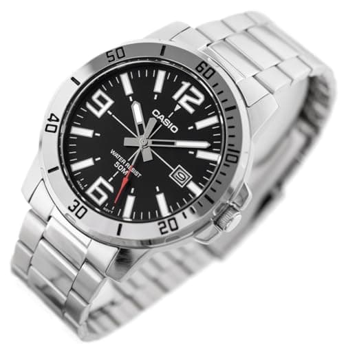 Casio MTP-VD01D-1BV Men's Enticer Stainless Steel Black Dial Casual Analog Sporty Watch, Silver, 48×42×10.7mm, Quartz Movement