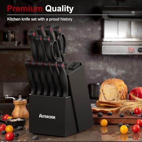 Stainless Steel Kitchen Utensils Set Dishwasher Safe Astercook Knife Set for Kitchen with Block and Sharpener 15pcs German B0C1YBPJ43