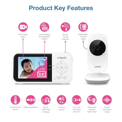 VTech Baby Monitor No WiFi – 19Hr Video Battery, 1000ft Range, Night Vision, Two-Way Talk, Temperature Sensor, Sound-Activated Screen, Lullabies | VM819