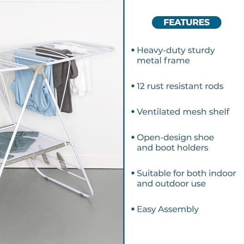 Honey-Can-Do Heavy-Duty Foldable Laundry Drying Rack – Portable Shoes & Clothes Rack for Indoor & Outdoor Use, Space-Saving Design, Easy to Fold Gullwing Design, Sturdy Metal, 50lb. Capacity, White