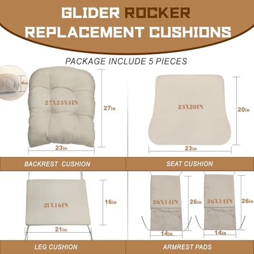 Glider Rocker Replacement Cushion Set with Storage Pockets Breathable Fine Linen Fabric & High-Resilience Foam Non-Slip Back Rocking Chair Cushion for Living Room Rocking Chair(Beige)