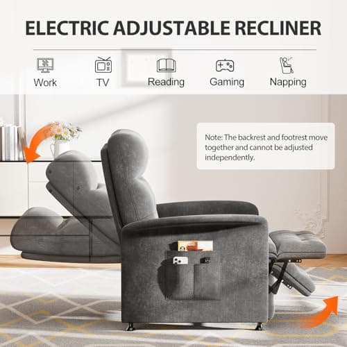 Power Recliner Chair for Adults with Heat & Massage - Soft Fabric Electric Reclining Sofa with Remote Control, 180° Lay Sleeper 3 Side Pockets for Living Room Home Theater, Dark Grey