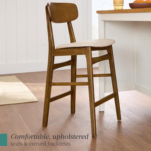Best Choice Products Bar Stool Set of 2, Modern Farmhouse Counter Height Stools w/Upholstered Cushioned Seat, Wooden Curved Backrest - Walnut/Cream
