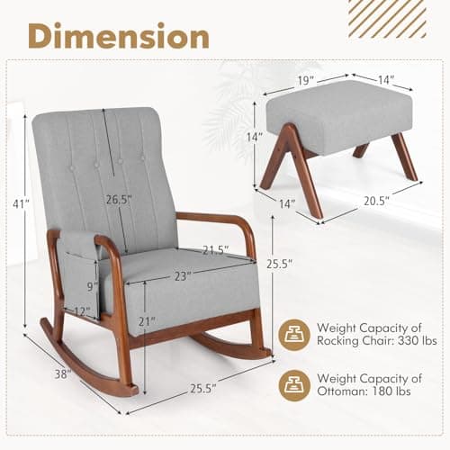 Giantex Rocking Chair with Ottoman, Upholstered Rocker Chair w/Solid Rubber Wood Frame, Side Pocket, Linen Nursery Chair w/Footrest, Tufted Glider Chair for Living Room, Bedroom, Grey