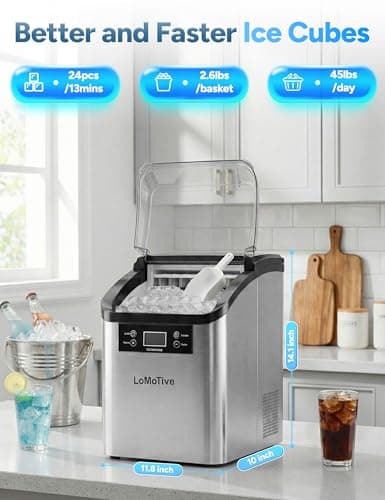 Countertop Ice Maker, 45Lbs/Day Clear Ice Cube Maker with Self-Priming Water Supply, 24 Cubes Ready in 13 Mins, 6 Ice Thickness Levels, Stainless Steel Ice Maker Machine for Home Kitchen Office Bar