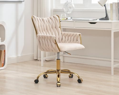 KCC Modern Velvet Home Office Desk Chair with Hand Woven Backrest, Upholstered Adjustable Makeup Vanity Chair with Armrest and Golden Metal Base with Wheels for Living Room Bedroom Study(Beige)