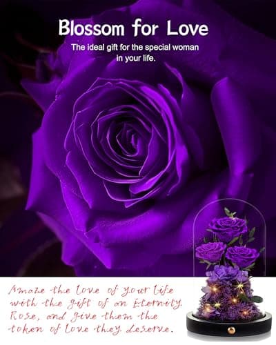 Christmas Flowers Roses Gifts for Mom,Forever Real Preserved Roses in Glass Dome,Christmas Anniversary Thanksgiving Gifts for Wife Girlfriend Women Best Friend Grandma/Purple Rose