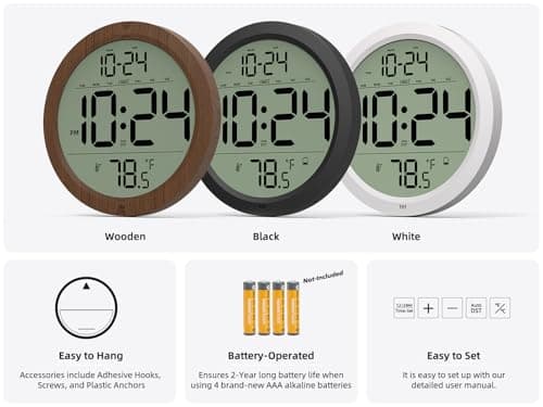 Digital Wall Clock with Date, Indoor Temperature, Auto-DST, Battery-Operated Digital Clock, 8 Inch Small Decorative Wood Wall Clock for Bedroom, Living Room, Kitchen, Office, Modern, Electric, Simple