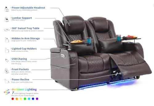 Airadlis Home Theater Seating Seats Dual Power Movie Theater Chairs Theater Recliner Sofa with 7 Colors Ambient Lighting, Lumbar Pillow, Side Pocket, Tray Table,Type-C USB Charge